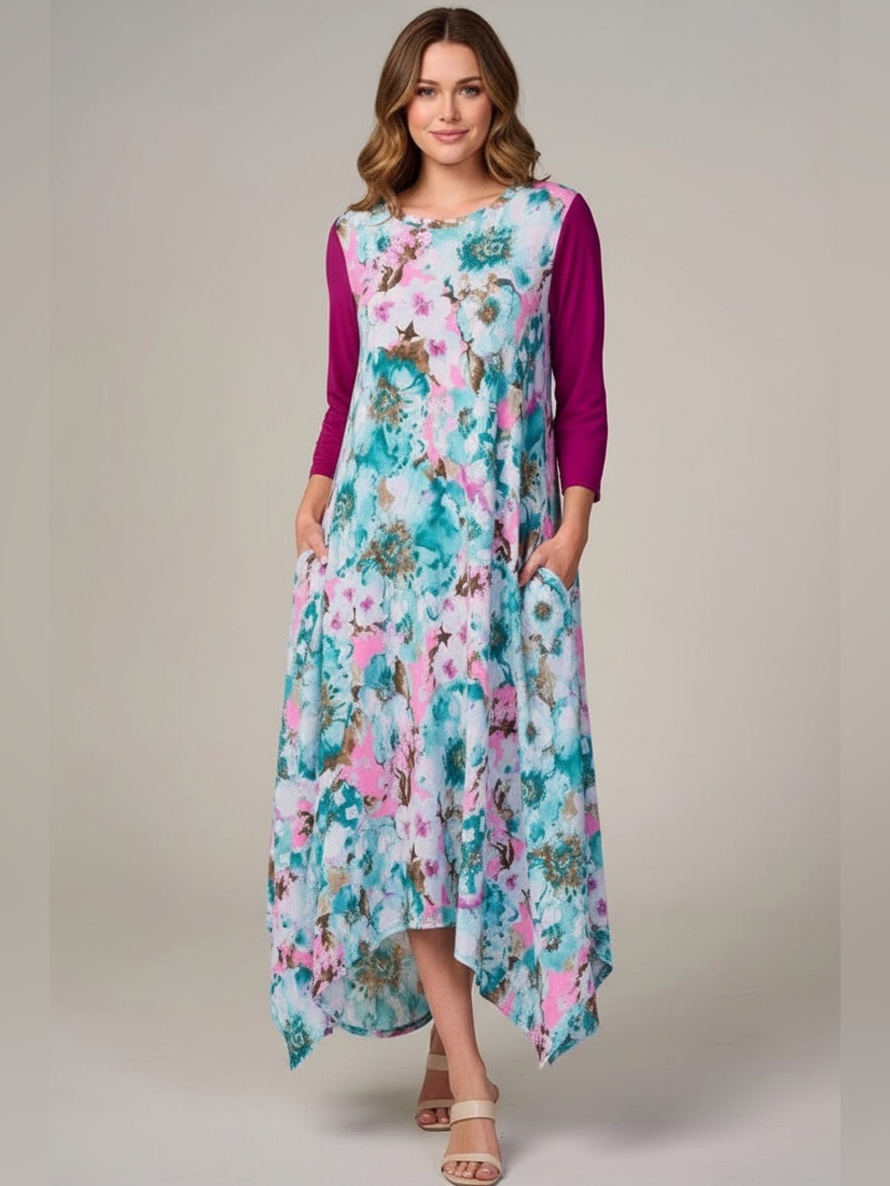 Floral Handkerchief Hem Dress with Magenta Sleeves